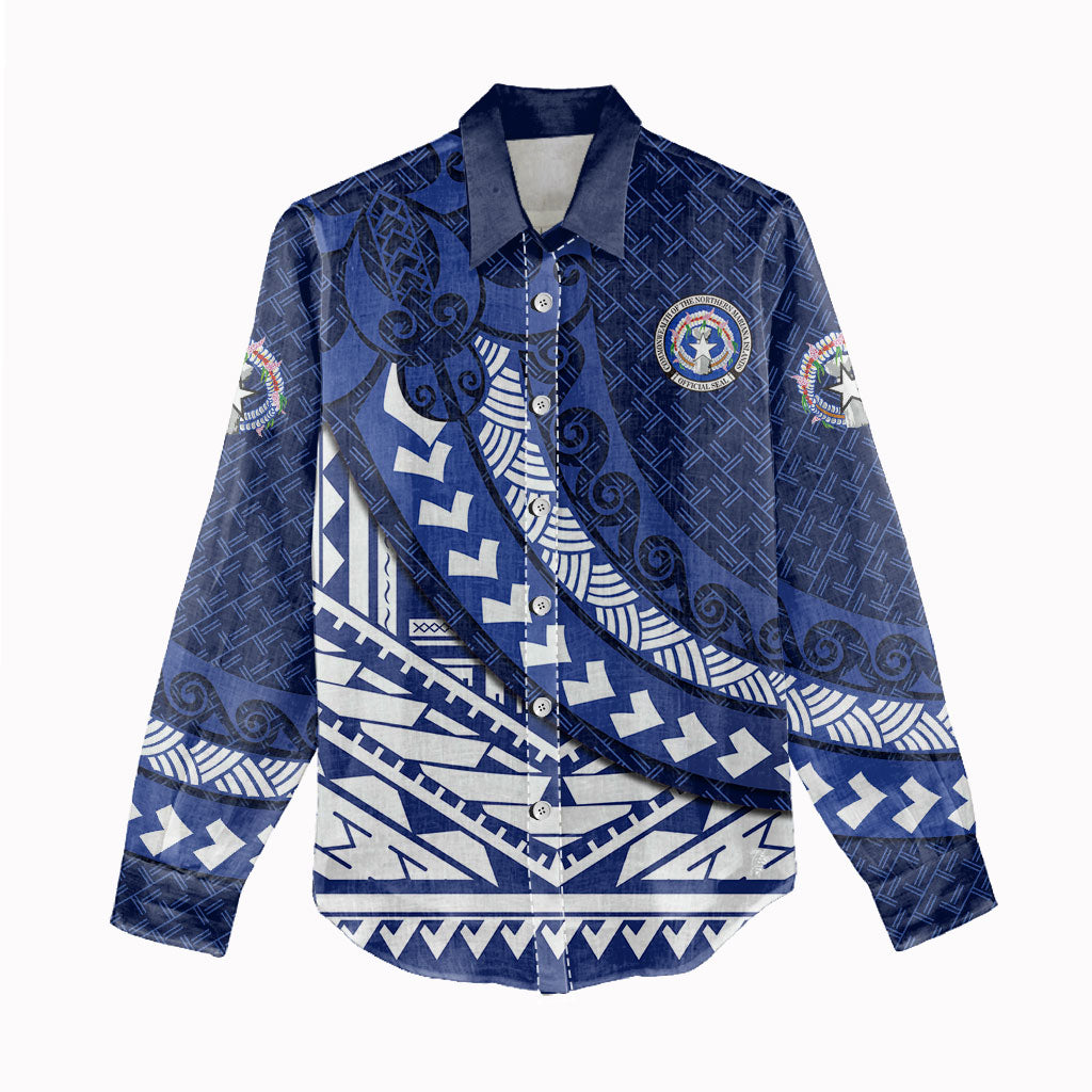 Northern Mariana Islands Saipan Women Casual Shirt Polynesian Tribal Pattern - Commonwealth Seal Art