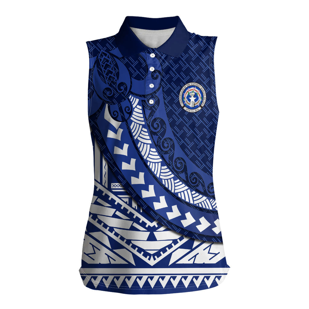 Northern Mariana Islands Saipan Women Sleeveless Polo Shirt Polynesian Tribal Pattern - Commonwealth Seal Art