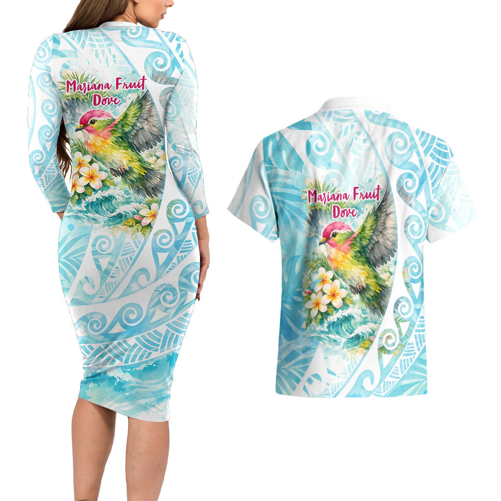 Saipan CMNI Couples Matching Long Sleeve Bodycon Dress and Hawaiian Shirt Polynesian Northern Mariana Islands Fruit Dove Watercolor TS04 - Polynesian Pride
