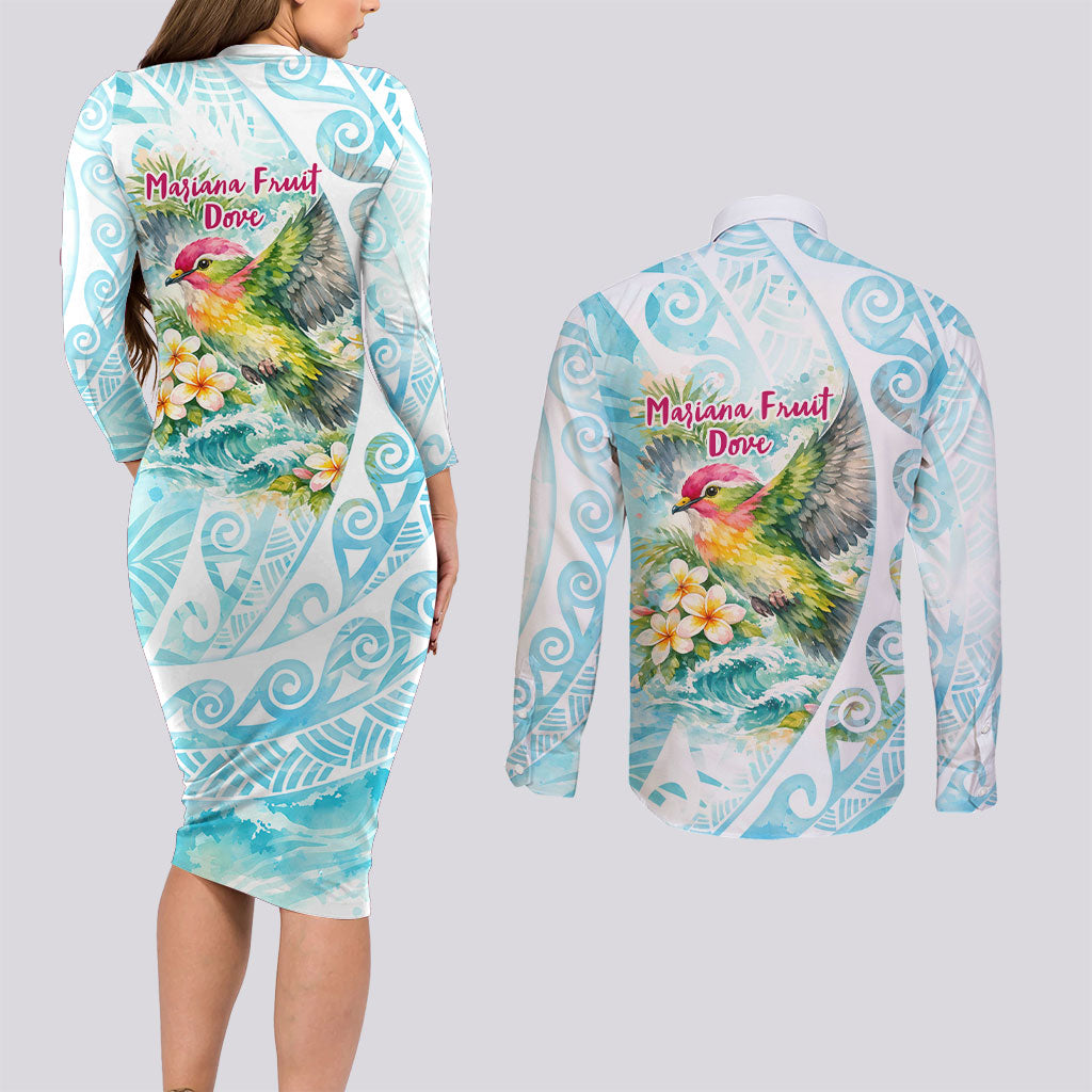 Saipan CMNI Couples Matching Long Sleeve Bodycon Dress and Long Sleeve Button Shirt Polynesian Northern Mariana Islands Fruit Dove Watercolor TS04 - Polynesian Pride