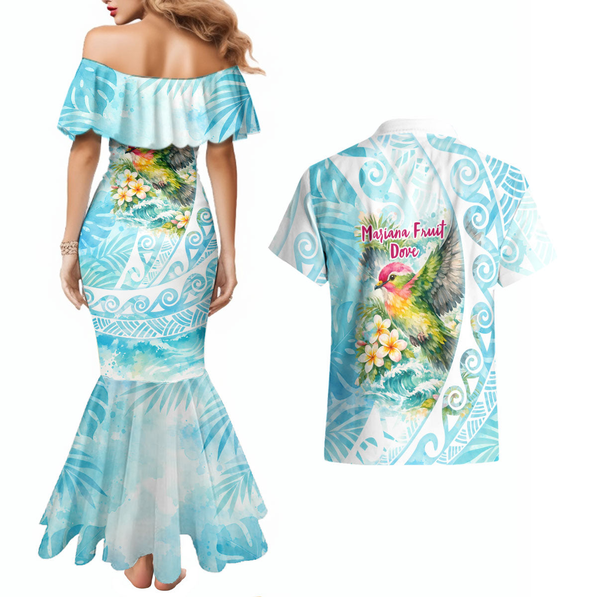 Saipan CMNI Couples Matching Mermaid Dress and Hawaiian Shirt Polynesian Northern Mariana Islands Fruit Dove Watercolor TS04 - Polynesian Pride