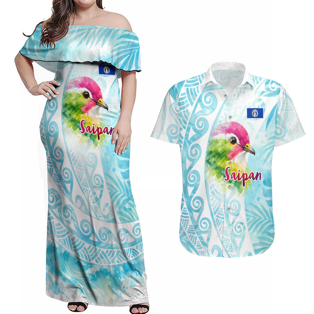 Saipan CMNI Couples Matching Off Shoulder Maxi Dress and Hawaiian Shirt Polynesian Northern Mariana Islands Fruit Dove Watercolor