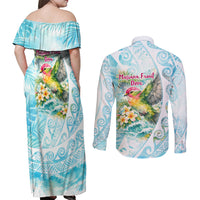 Saipan CMNI Couples Matching Off Shoulder Maxi Dress and Long Sleeve Button Shirt Polynesian Northern Mariana Islands Fruit Dove Watercolor
