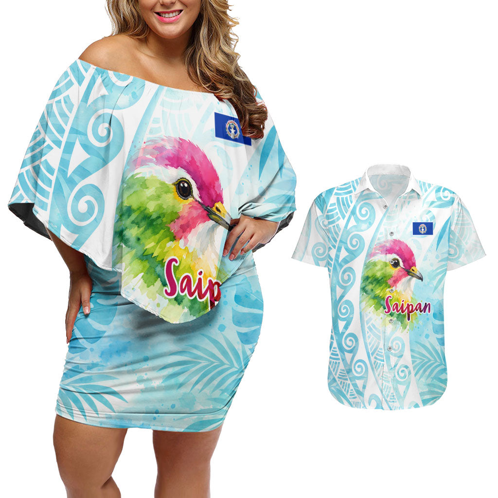 Saipan CMNI Couples Matching Off Shoulder Short Dress and Hawaiian Shirt Polynesian Northern Mariana Islands Fruit Dove Watercolor TS04 Blue White - Polynesian Pride