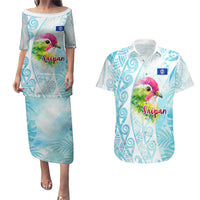 Saipan CMNI Couples Matching Puletasi and Hawaiian Shirt Polynesian Northern Mariana Islands Fruit Dove Watercolor