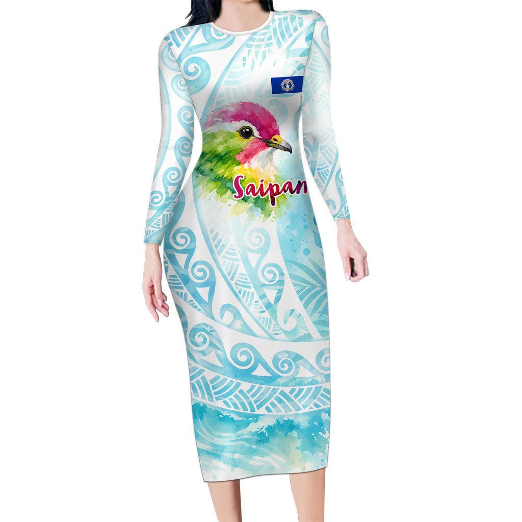 Saipan CMNI Family Matching Long Sleeve Bodycon Dress and Hawaiian Shirt Polynesian Northern Mariana Islands Fruit Dove Watercolor TS04 Mom's Dress Blue White - Polynesian Pride