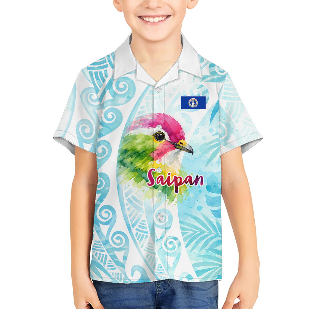 Saipan CMNI Family Matching Off The Shoulder Long Sleeve Dress and Hawaiian Shirt Polynesian Northern Mariana Islands Fruit Dove Watercolor TS04 Son's Shirt Blue White - Polynesian Pride