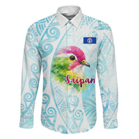 Saipan CMNI Family Matching Off Shoulder Maxi Dress and Hawaiian Shirt Polynesian Northern Mariana Islands Fruit Dove Watercolor TS04 Dad's Shirt - Long Sleeve Blue White - Polynesian Pride