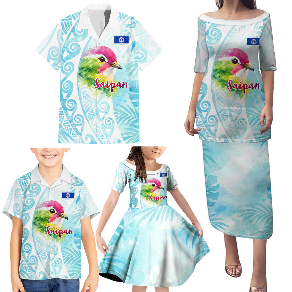 Saipan CMNI Family Matching Puletasi and Hawaiian Shirt Polynesian Northern Mariana Islands Fruit Dove Watercolor