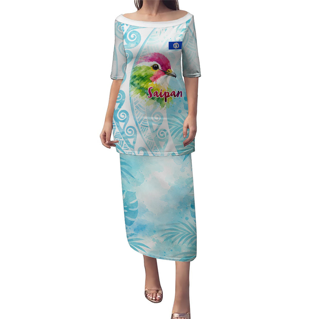 Saipan CMNI Family Matching Puletasi and Hawaiian Shirt Polynesian Northern Mariana Islands Fruit Dove Watercolor TS04 Mom's Dress Blue White - Polynesian Pride