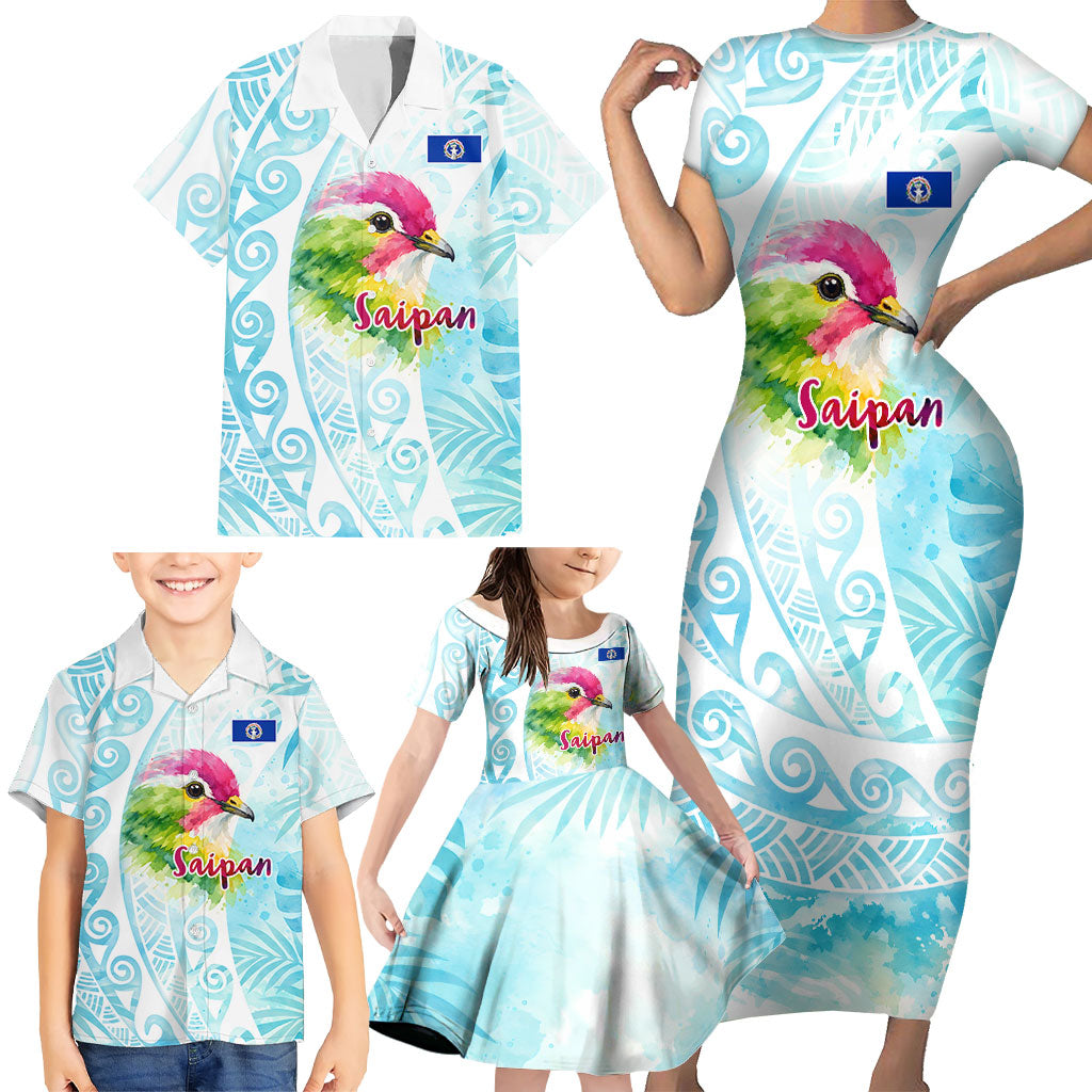 Saipan CMNI Family Matching Short Sleeve Bodycon Dress and Hawaiian Shirt Polynesian Northern Mariana Islands Fruit Dove Watercolor