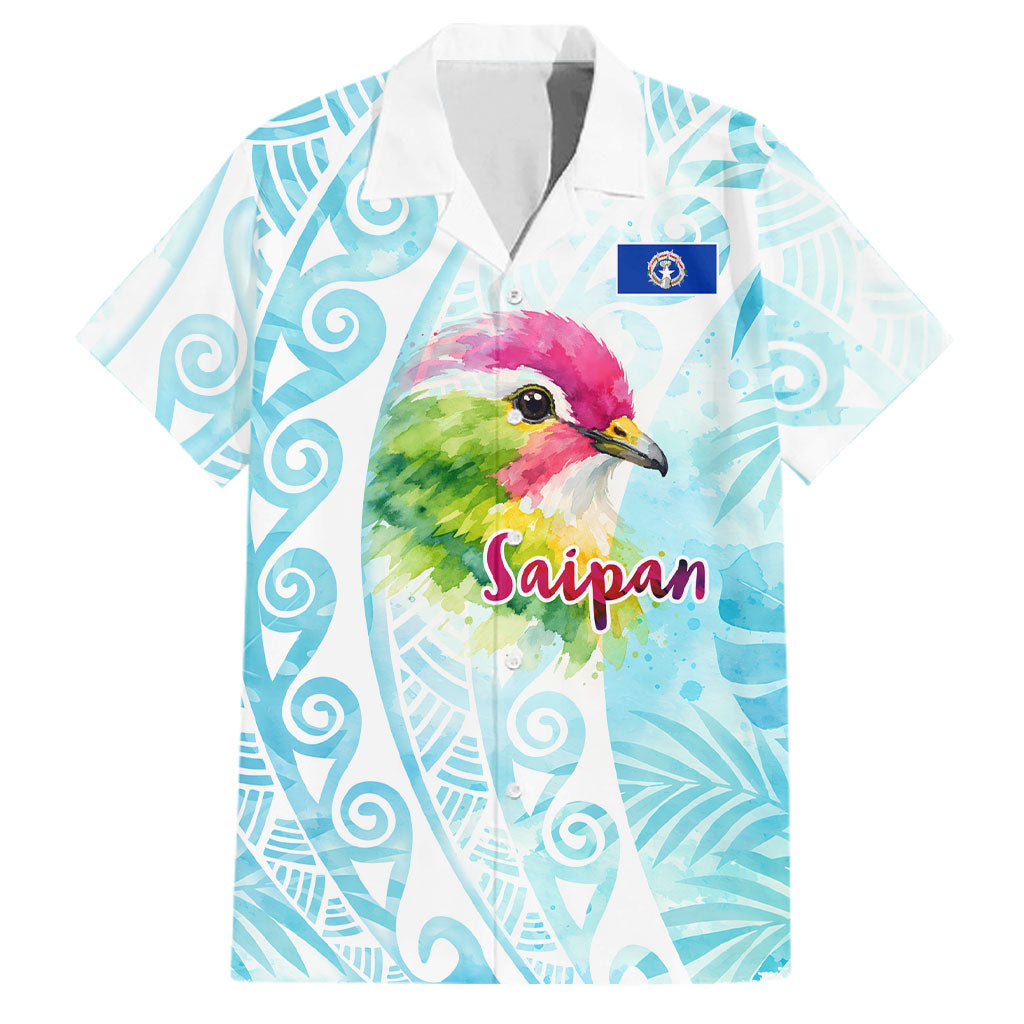 Saipan CMNI Family Matching Summer Maxi Dress and Hawaiian Shirt Polynesian Northern Mariana Islands Fruit Dove Watercolor TS04 Dad's Shirt - Short Sleeve Blue White - Polynesian Pride