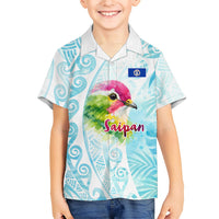 Saipan CMNI Family Matching Summer Maxi Dress and Hawaiian Shirt Polynesian Northern Mariana Islands Fruit Dove Watercolor TS04 Son's Shirt Blue White - Polynesian Pride