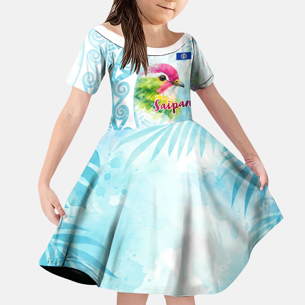 Saipan CMNI Kid Short Sleeve Dress Polynesian Northern Mariana Islands Fruit Dove Watercolor