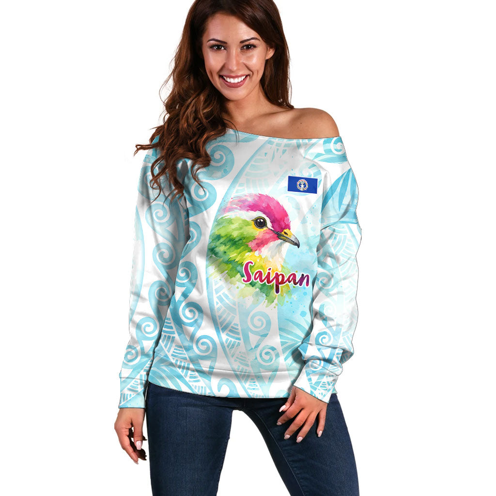 Saipan CMNI Off Shoulder Sweater Polynesian Northern Mariana Islands Fruit Dove Watercolor