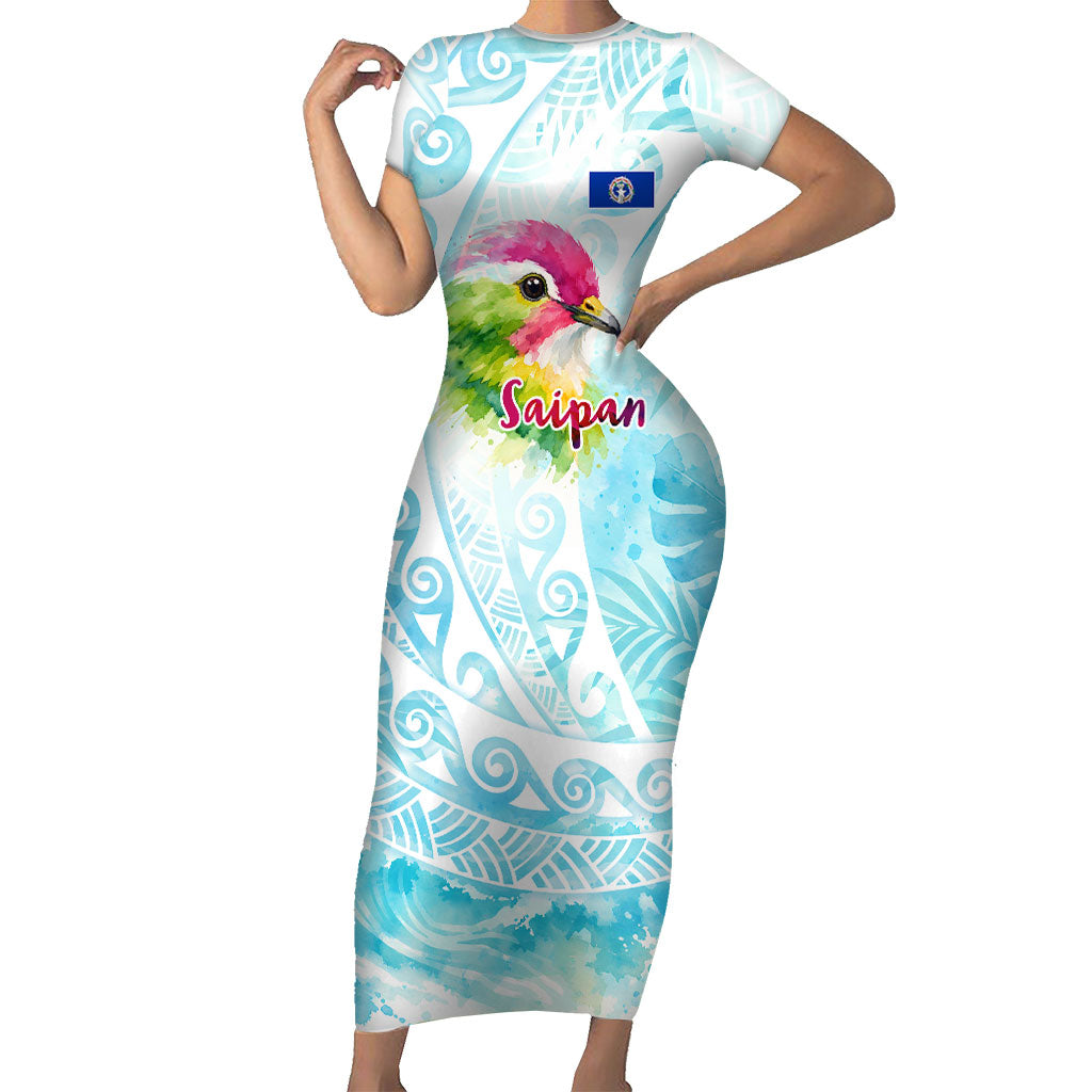 Saipan CMNI Short Sleeve Bodycon Dress Polynesian Northern Mariana Islands Fruit Dove Watercolor
