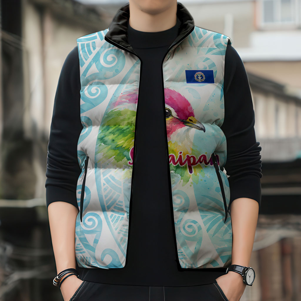 Saipan CMNI Sleeveless Puffer Jacket Polynesian Northern Mariana Islands Fruit Dove Watercolor