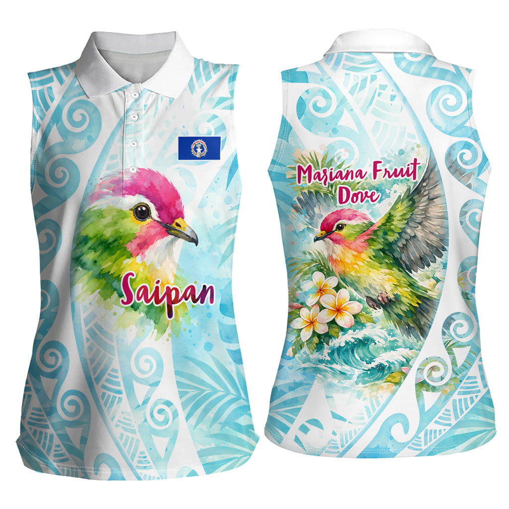 Saipan CMNI Women Sleeveless Polo Shirt Polynesian Northern Mariana Islands Fruit Dove Watercolor