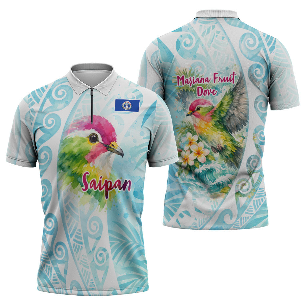 Saipan CMNI Zipper Polo Shirt Polynesian Northern Mariana Islands Fruit Dove Watercolor