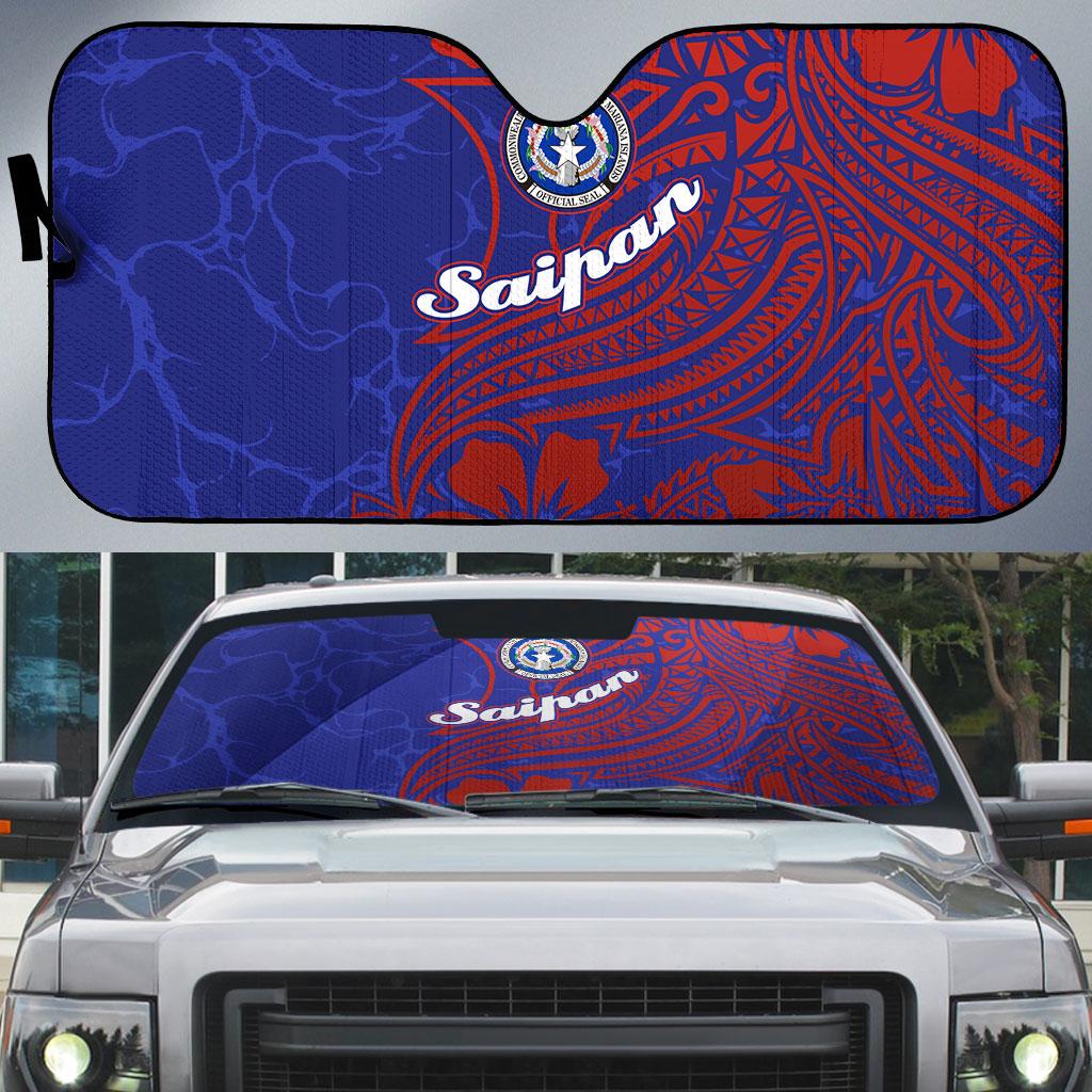 Saipan Northern Mariana Islands Auto Sun Shade Polynesian Tribal Tattoo Art With Hibiscus Flowers And Seal