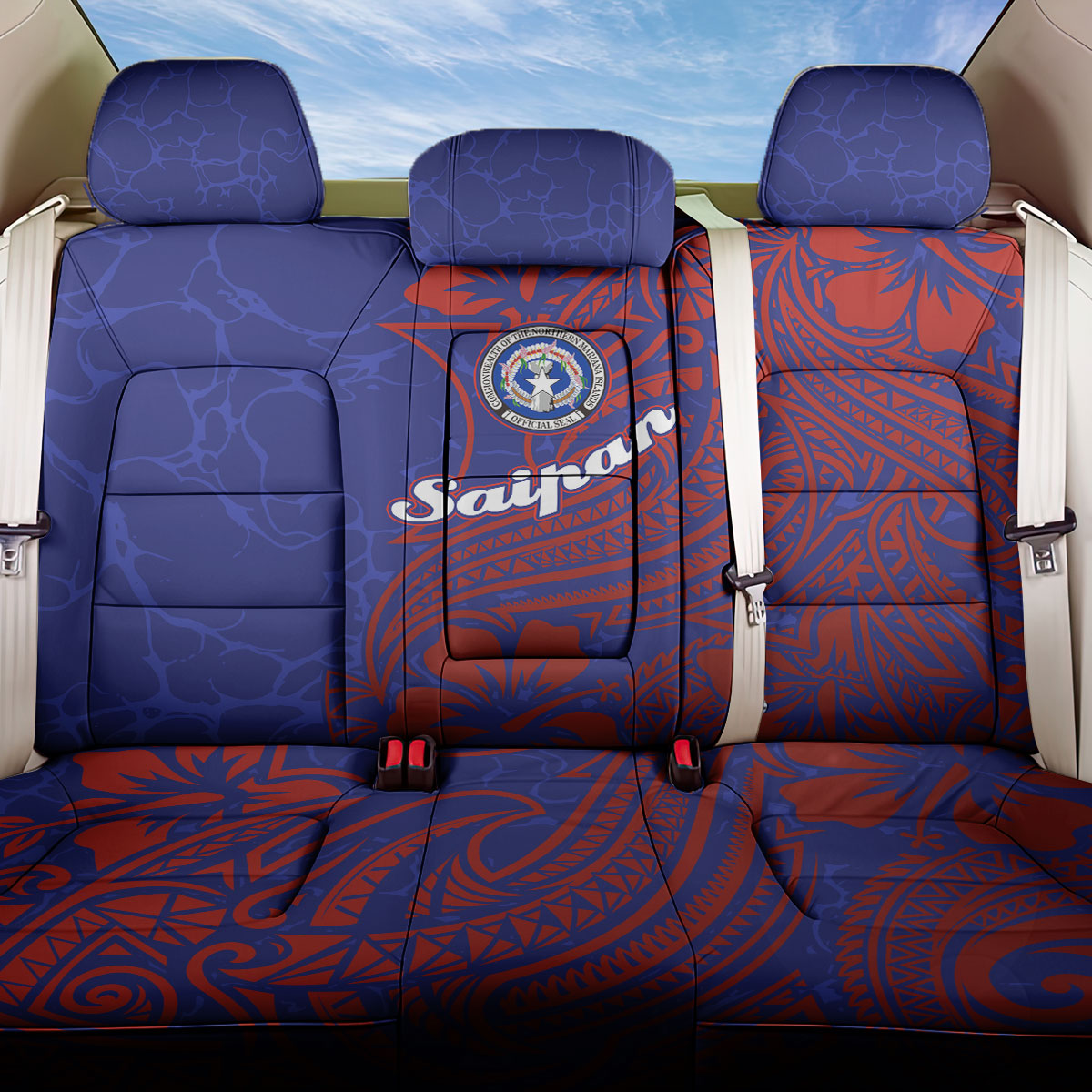 Saipan Northern Mariana Islands Back Car Seat Cover Polynesian Tribal Tattoo Art With Hibiscus Flowers And Seal TS04 One Size Blue Red - Polynesian Pride