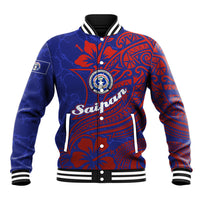 Saipan Northern Mariana Islands Baseball Jacket Polynesian Tribal Tattoo Art With Hibiscus Flowers And Seal TS04 Unisex Blue Red - Polynesian Pride