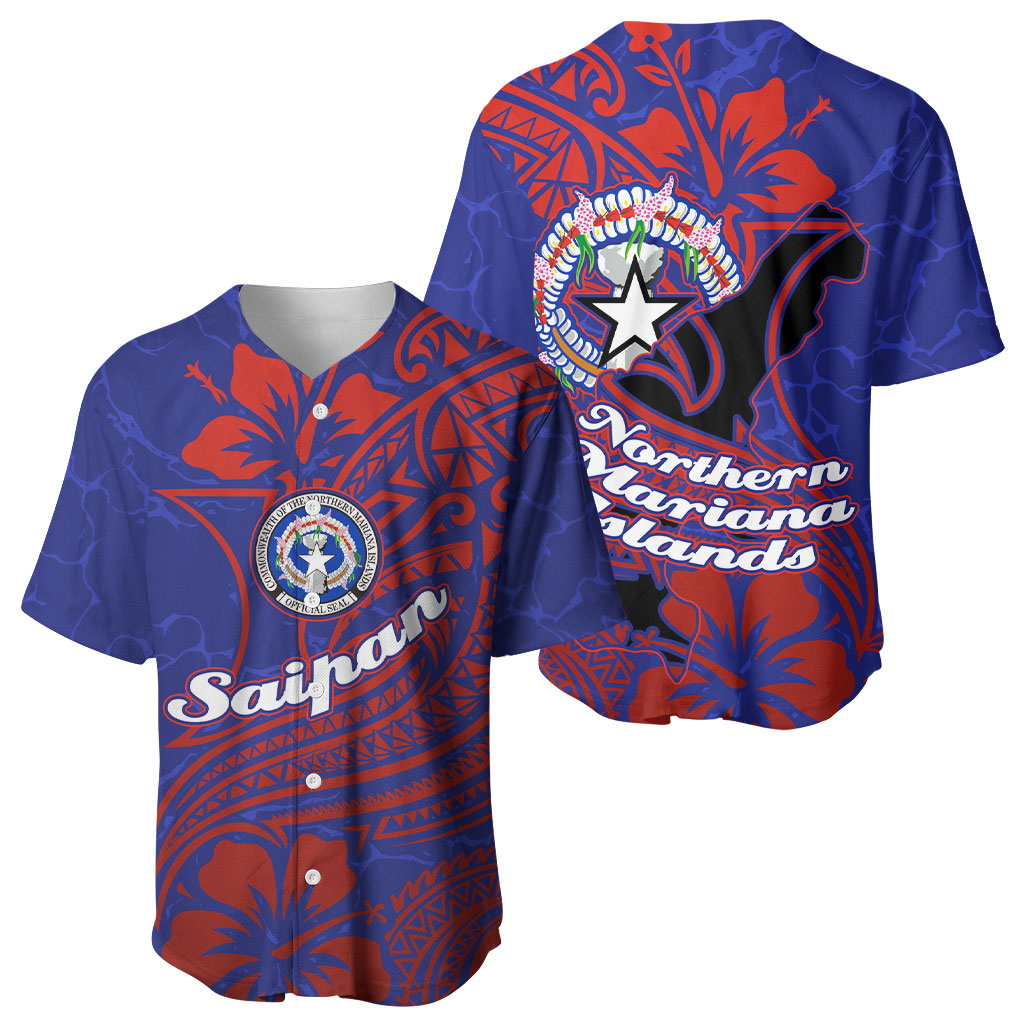 Saipan Northern Mariana Islands Baseball Jersey Polynesian Tribal Tattoo Art With Hibiscus Flowers And Seal