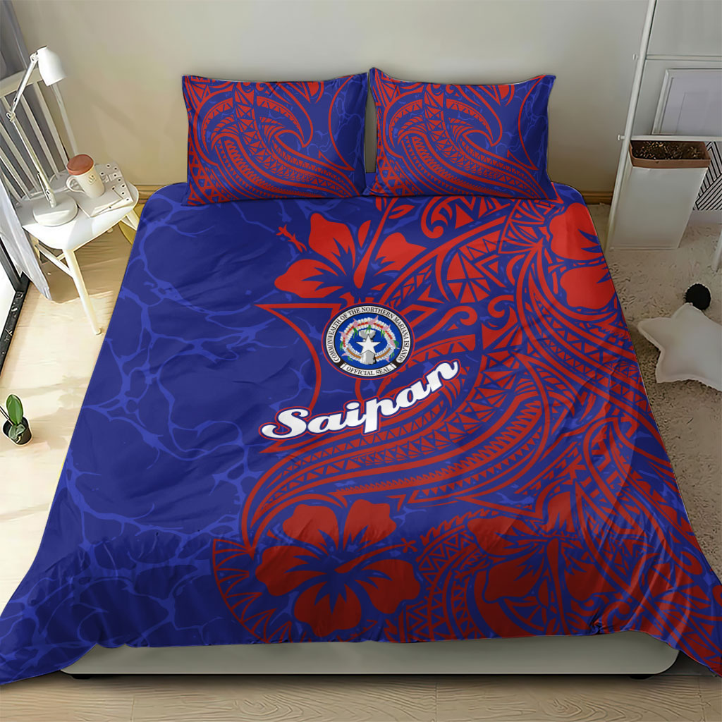 Saipan Northern Mariana Islands Bedding Set Polynesian Tribal Tattoo Art With Hibiscus Flowers And Seal