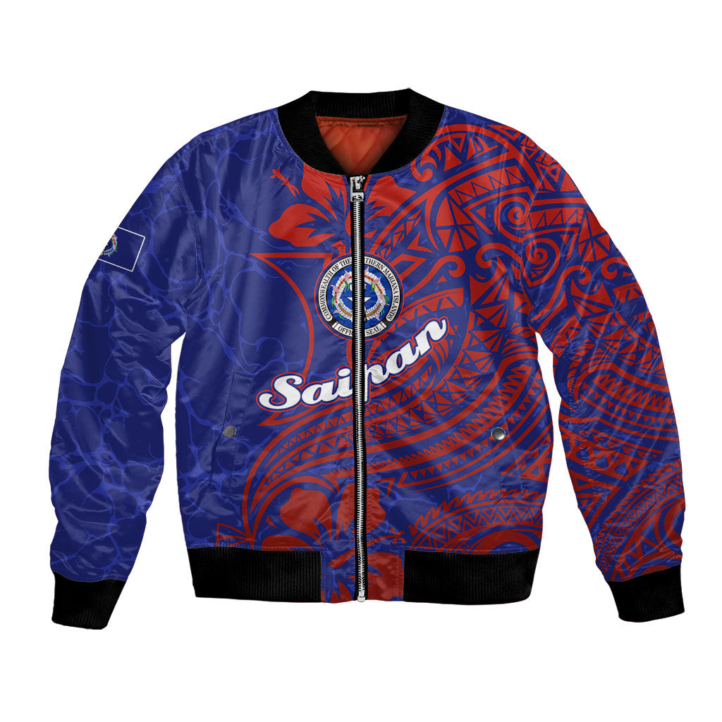 Saipan Northern Mariana Islands Bomber Jacket Polynesian Tribal Tattoo Art With Hibiscus Flowers And Seal