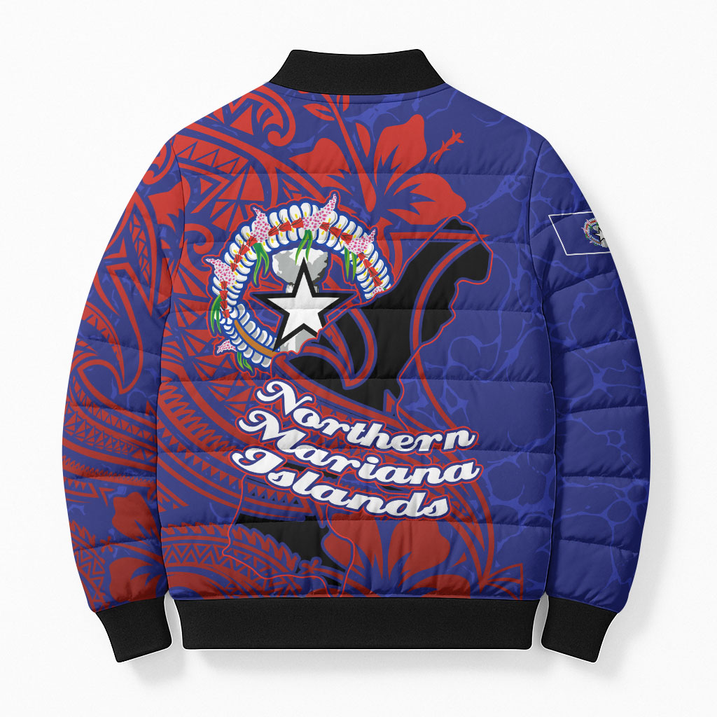 Saipan Northern Mariana Islands Bomber Puffer Jacket Polynesian Tribal Tattoo Art With Hibiscus Flowers And Seal