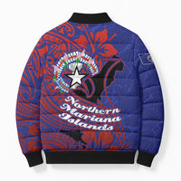 Saipan Northern Mariana Islands Bomber Puffer Jacket Polynesian Tribal Tattoo Art With Hibiscus Flowers And Seal