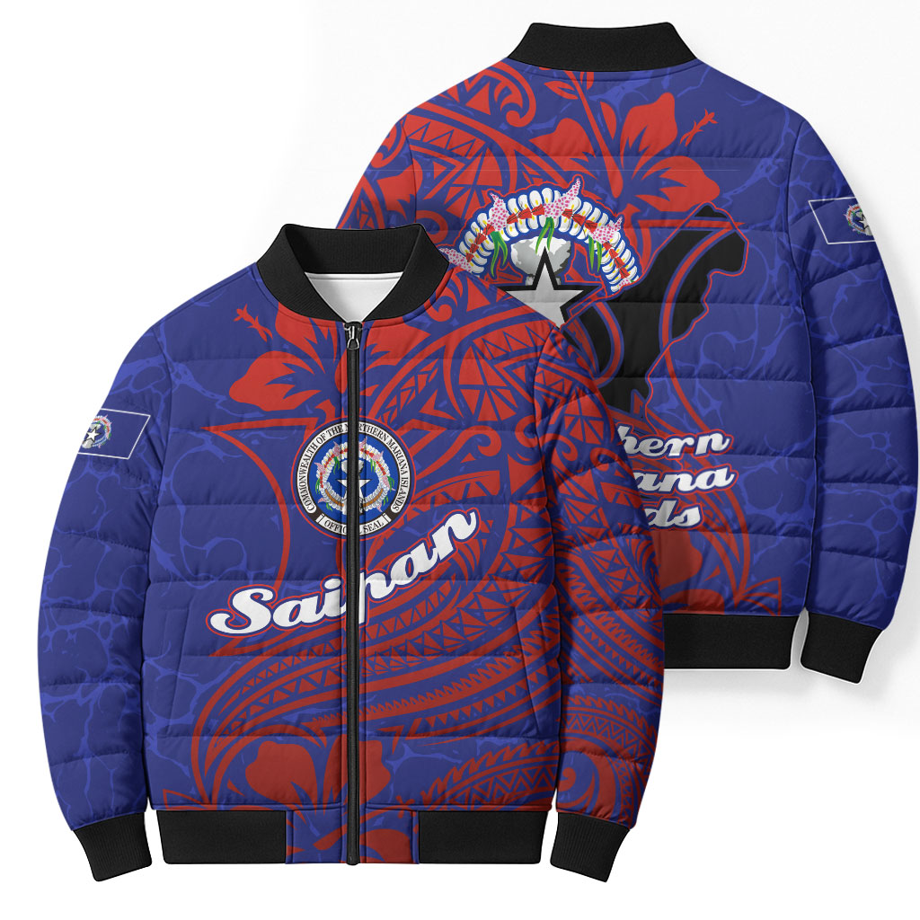 Saipan Northern Mariana Islands Bomber Puffer Jacket Polynesian Tribal Tattoo Art With Hibiscus Flowers And Seal