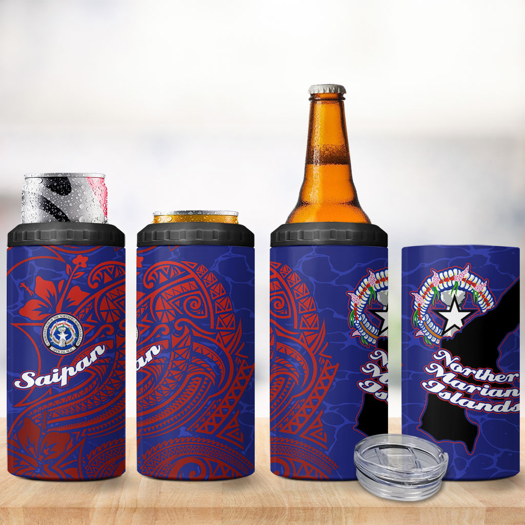 Saipan Northern Mariana Islands 4 in 1 Can Cooler Tumbler Polynesian Tribal Tattoo Art With Hibiscus Flowers And Seal TS04 - Polynesian Pride
