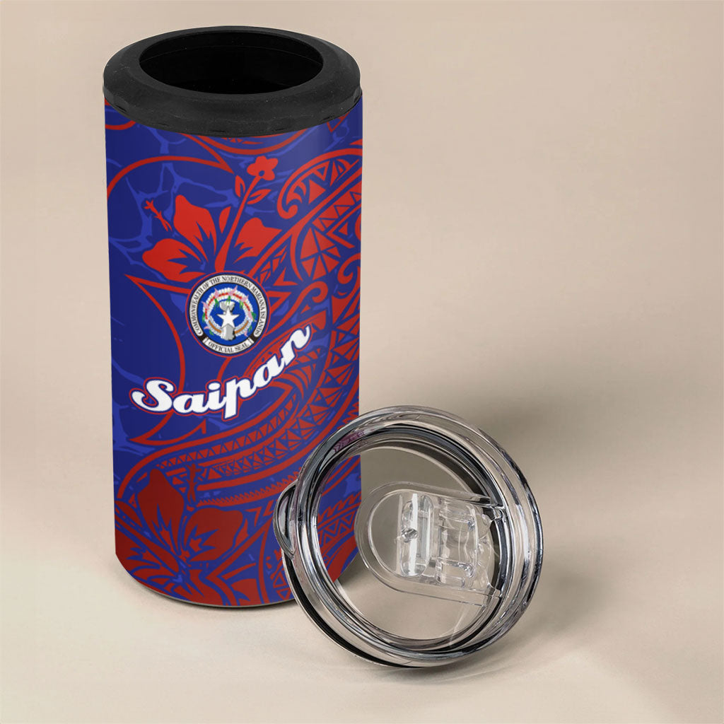 Saipan Northern Mariana Islands 4 in 1 Can Cooler Tumbler Polynesian Tribal Tattoo Art With Hibiscus Flowers And Seal TS04 - Polynesian Pride