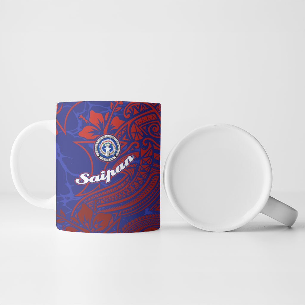 Saipan Northern Mariana Islands Ceramic Mug Polynesian Tribal Tattoo Art With Hibiscus Flowers And Seal