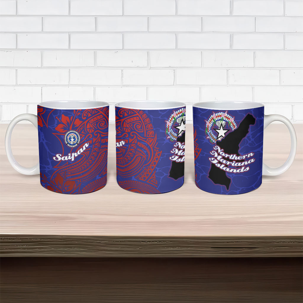 Saipan Northern Mariana Islands Ceramic Mug Polynesian Tribal Tattoo Art With Hibiscus Flowers And Seal