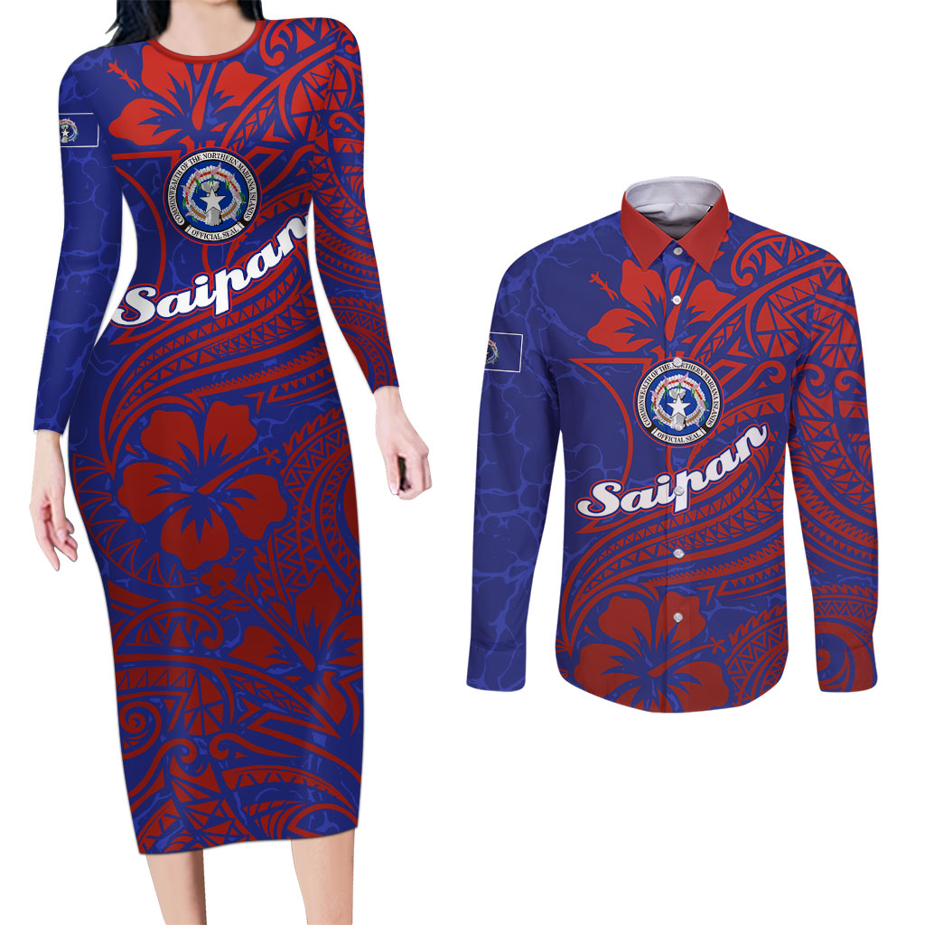 Saipan Northern Mariana Islands Couples Matching Long Sleeve Bodycon Dress and Long Sleeve Button Shirt Polynesian Tribal Tattoo Art With Hibiscus Flowers And Seal TS04 Blue Red - Polynesian Pride