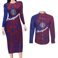 Saipan Northern Mariana Islands Couples Matching Long Sleeve Bodycon Dress and Long Sleeve Button Shirt Polynesian Tribal Tattoo Art With Hibiscus Flowers And Seal TS04 Blue Red - Polynesian Pride