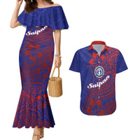 Saipan Northern Mariana Islands Couples Matching Mermaid Dress and Hawaiian Shirt Polynesian Tribal Tattoo Art With Hibiscus Flowers And Seal TS04 Blue Red - Polynesian Pride