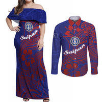 Saipan Northern Mariana Islands Couples Matching Off Shoulder Maxi Dress and Long Sleeve Button Shirt Polynesian Tribal Tattoo Art With Hibiscus Flowers And Seal TS04 Blue Red - Polynesian Pride