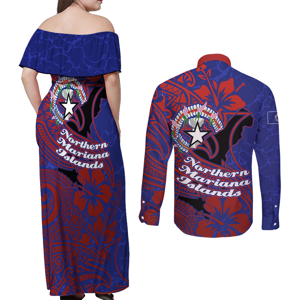 Saipan Northern Mariana Islands Couples Matching Off Shoulder Maxi Dress and Long Sleeve Button Shirt Polynesian Tribal Tattoo Art With Hibiscus Flowers And Seal TS04 - Polynesian Pride