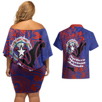 Saipan Northern Mariana Islands Couples Matching Off Shoulder Short Dress and Hawaiian Shirt Polynesian Tribal Tattoo Art With Hibiscus Flowers And Seal TS04 - Polynesian Pride