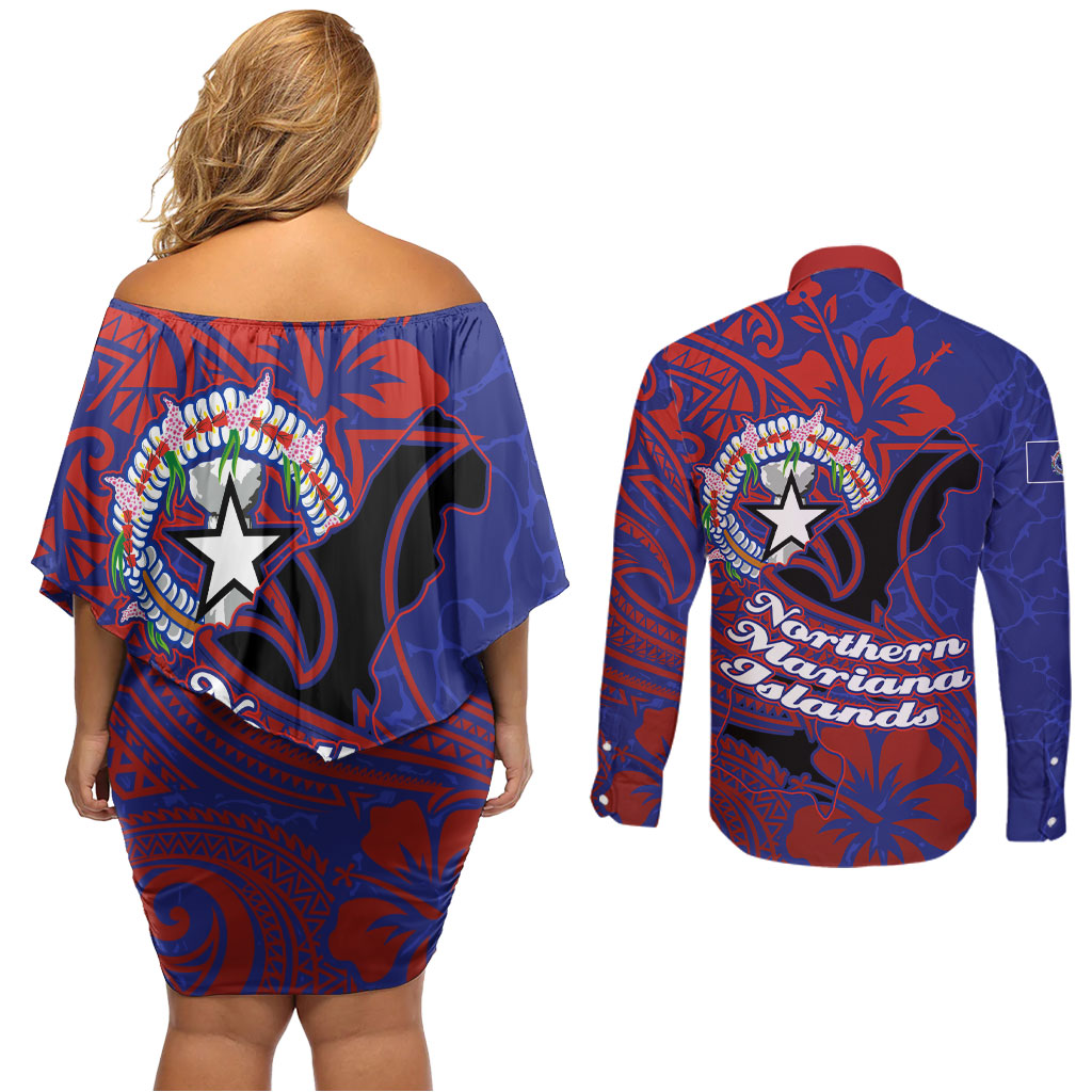 Saipan Northern Mariana Islands Couples Matching Off Shoulder Short Dress and Long Sleeve Button Shirt Polynesian Tribal Tattoo Art With Hibiscus Flowers And Seal TS04 - Polynesian Pride