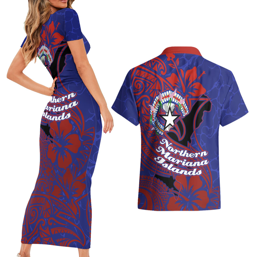Saipan Northern Mariana Islands Couples Matching Short Sleeve Bodycon Dress and Hawaiian Shirt Polynesian Tribal Tattoo Art With Hibiscus Flowers And Seal TS04 - Polynesian Pride