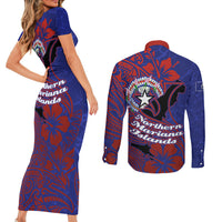Saipan Northern Mariana Islands Couples Matching Short Sleeve Bodycon Dress and Long Sleeve Button Shirt Polynesian Tribal Tattoo Art With Hibiscus Flowers And Seal TS04 - Polynesian Pride
