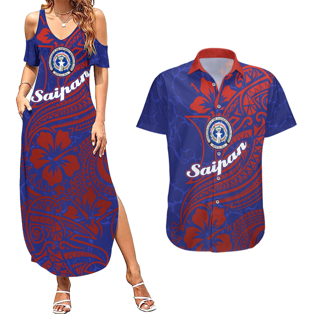 Saipan Northern Mariana Islands Couples Matching Summer Maxi Dress and Hawaiian Shirt Polynesian Tribal Tattoo Art With Hibiscus Flowers And Seal TS04 Blue Red - Polynesian Pride