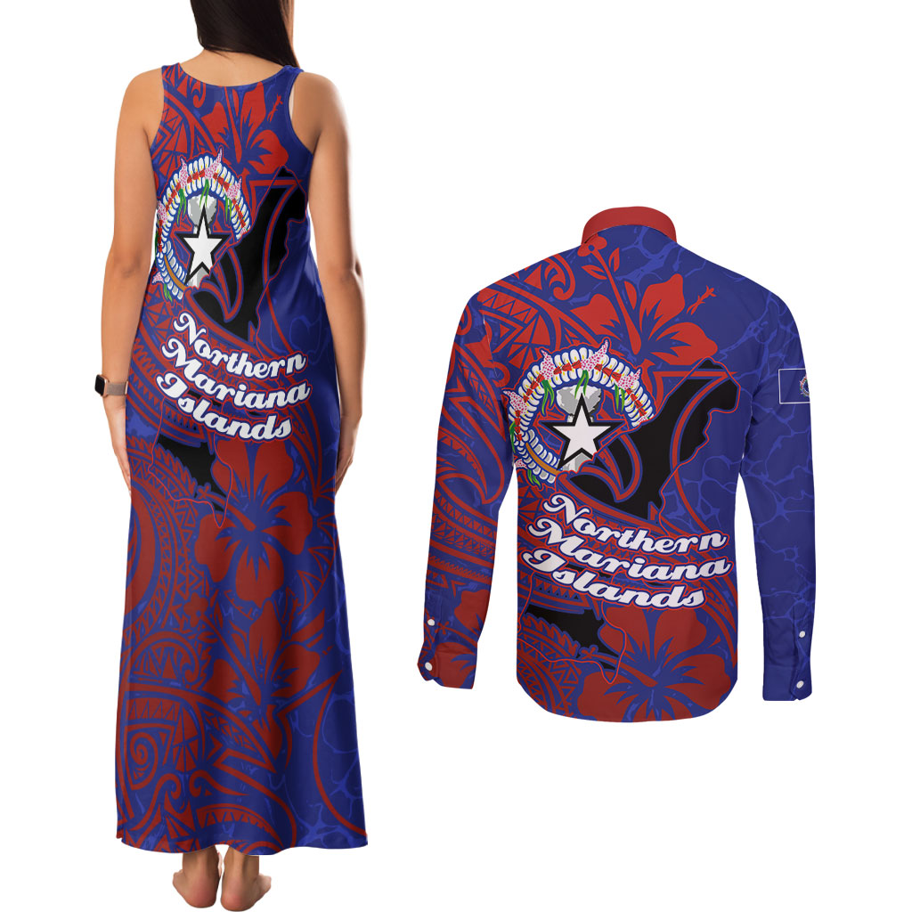 Saipan Northern Mariana Islands Couples Matching Tank Maxi Dress and Long Sleeve Button Shirt Polynesian Tribal Tattoo Art With Hibiscus Flowers And Seal TS04 - Polynesian Pride