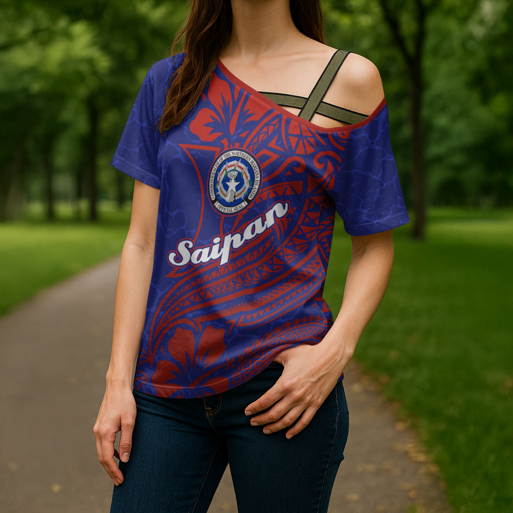 Saipan Northern Mariana Islands Cross Shoulder Shirt Polynesian Tribal Tattoo Art With Hibiscus Flowers And Seal TS04 - Polynesian Pride