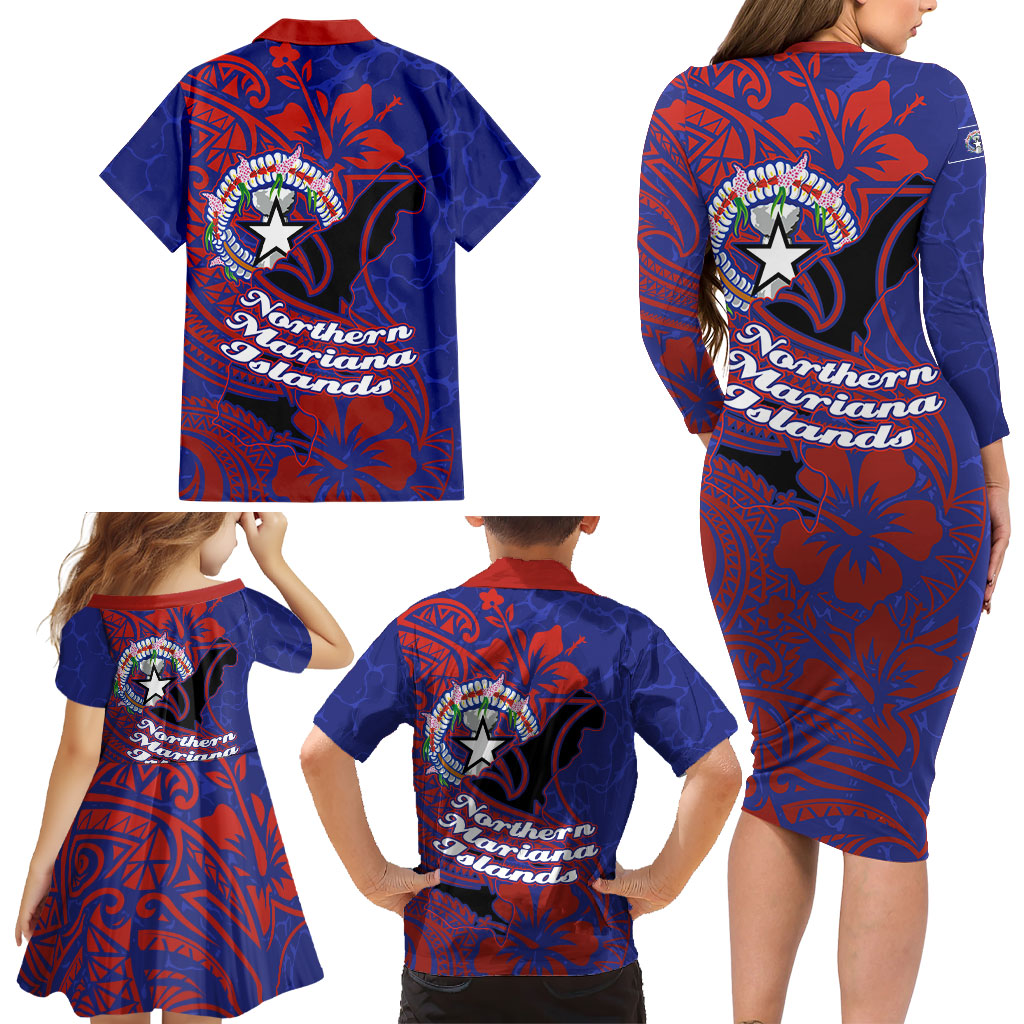 Saipan Northern Mariana Islands Family Matching Long Sleeve Bodycon Dress and Hawaiian Shirt Polynesian Tribal Tattoo Art With Hibiscus Flowers And Seal TS04 - Polynesian Pride