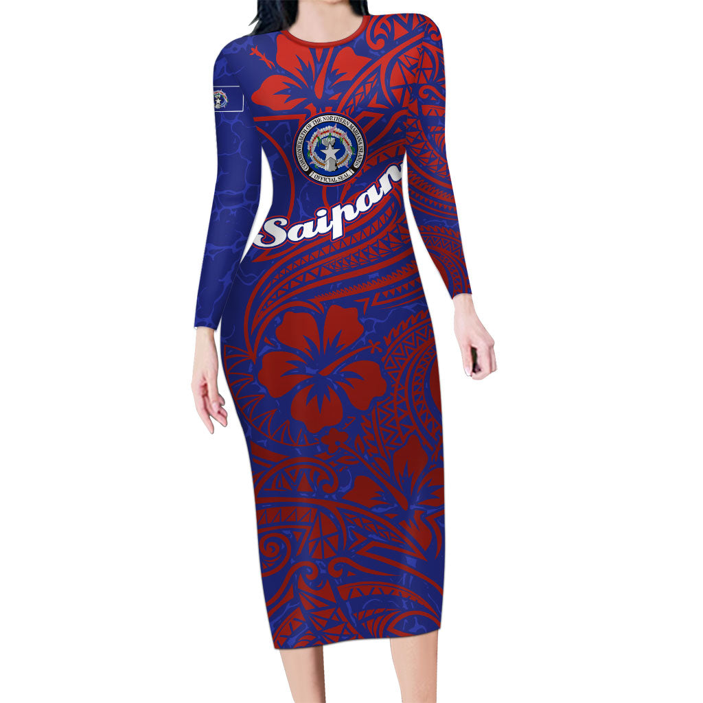 Saipan Northern Mariana Islands Family Matching Long Sleeve Bodycon Dress and Hawaiian Shirt Polynesian Tribal Tattoo Art With Hibiscus Flowers And Seal TS04 Mom's Dress Blue Red - Polynesian Pride